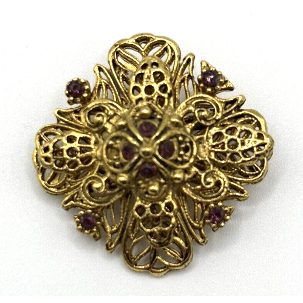 Vintage Filigree Rhinestone Brooch Bronze Purple J1-3012